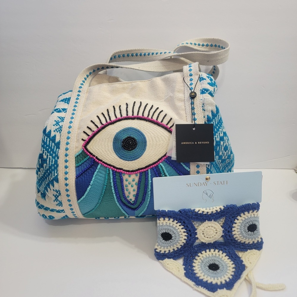Evil Eye Tote Bag By American & Beyond‎ Beaded WOVEN & KNIT HEAD Scraf Boho NWT